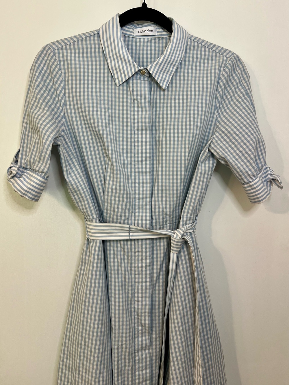Calvin Klein Blue and White Gingham Midi Shirt Dress